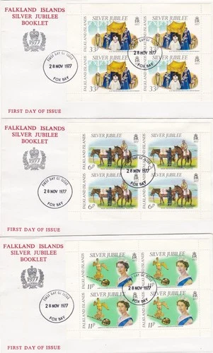 Falkland Is 1977 QEII Silver Jubilee 3 Booklet Panes on 3 Cvrs Fox Bay Plus FDC