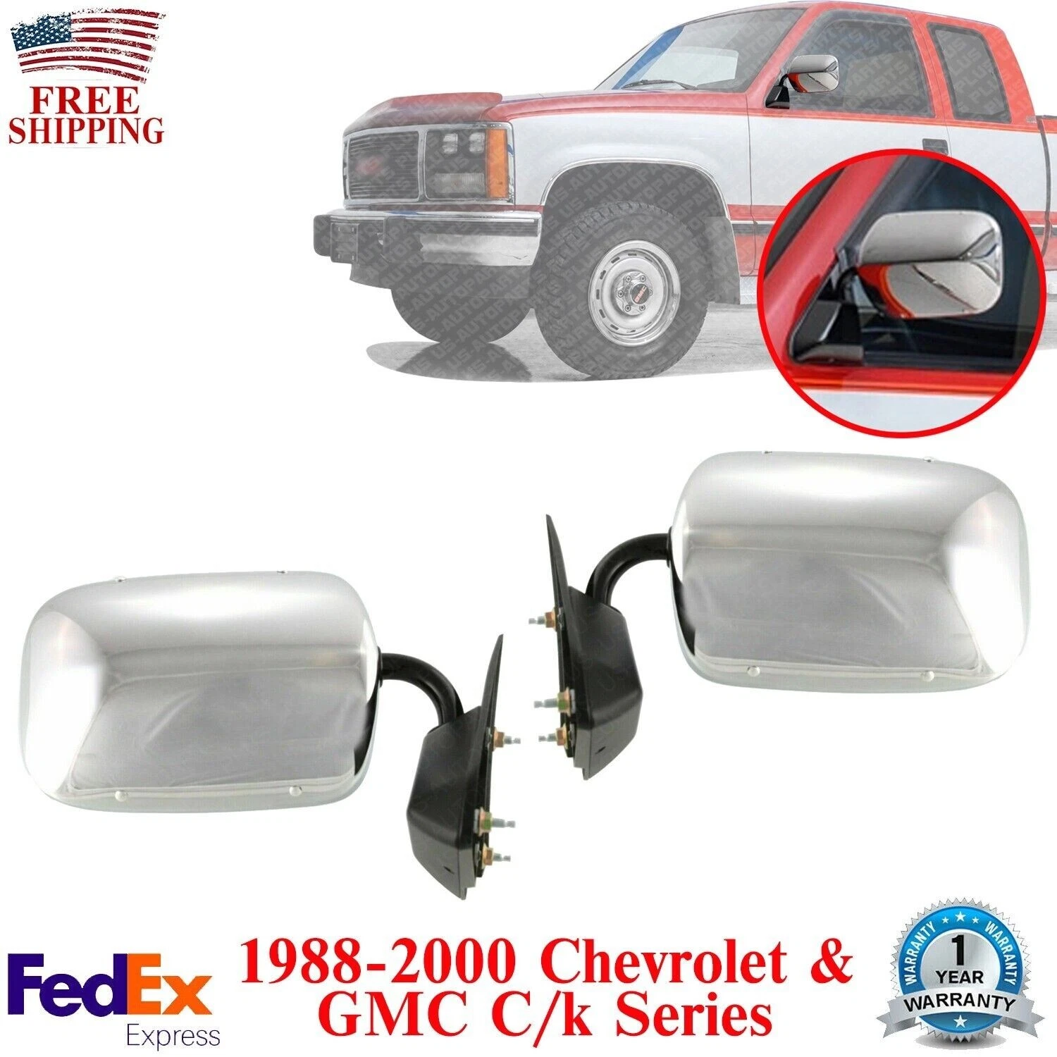 Front Mirrors Chrome Left & Right Side For 1988-2000 Chevrolet & GMC C/K Series