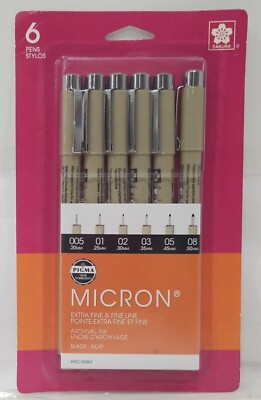 Sakura Pigma Micron Pen Set Black Ink 6-Pen Set (005, 01, 02, 03, 05, 08)