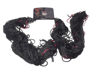 VINTAGE ORIENTAL BLACK LACQUER PAINTED BELT PLAQUE WITH SILK TASSELS - SIGNED