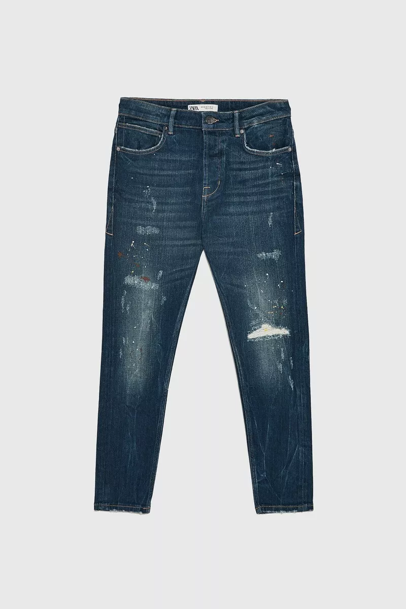 New Zara Men s Ripped Paint Patch Skinny Jeans 30 31 Blue 0840 340 denim jacket