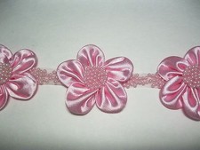 Lily 2" Ivory Pink Cuttable Satin Pearl Beaded Flower Flora Trim Organza Ribbon