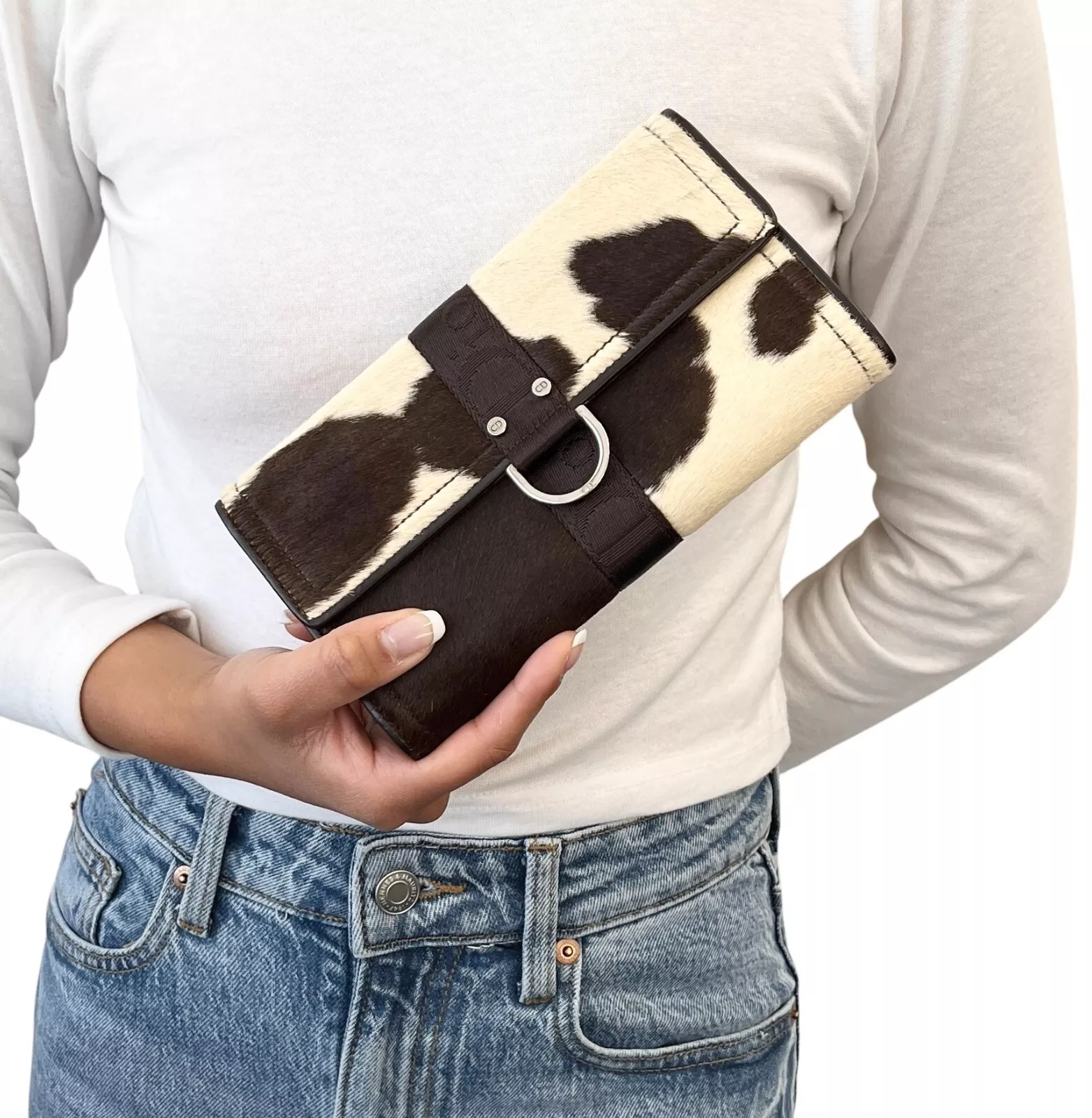 Pochette portefeuille Christian Dior vintage logo imprimé vache marron blanc poils de veau