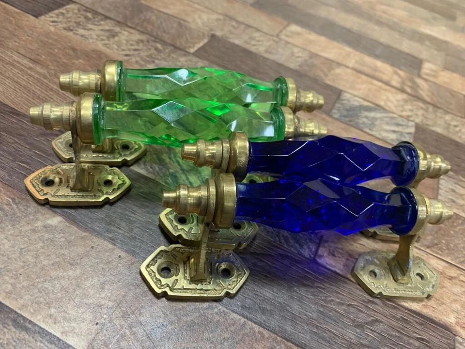 Manija de puerta de latón de vidrio verde y azul cobalto estilo antiguo de 5,5"" cristal/cortado 4 piezas Foto 4 de 4