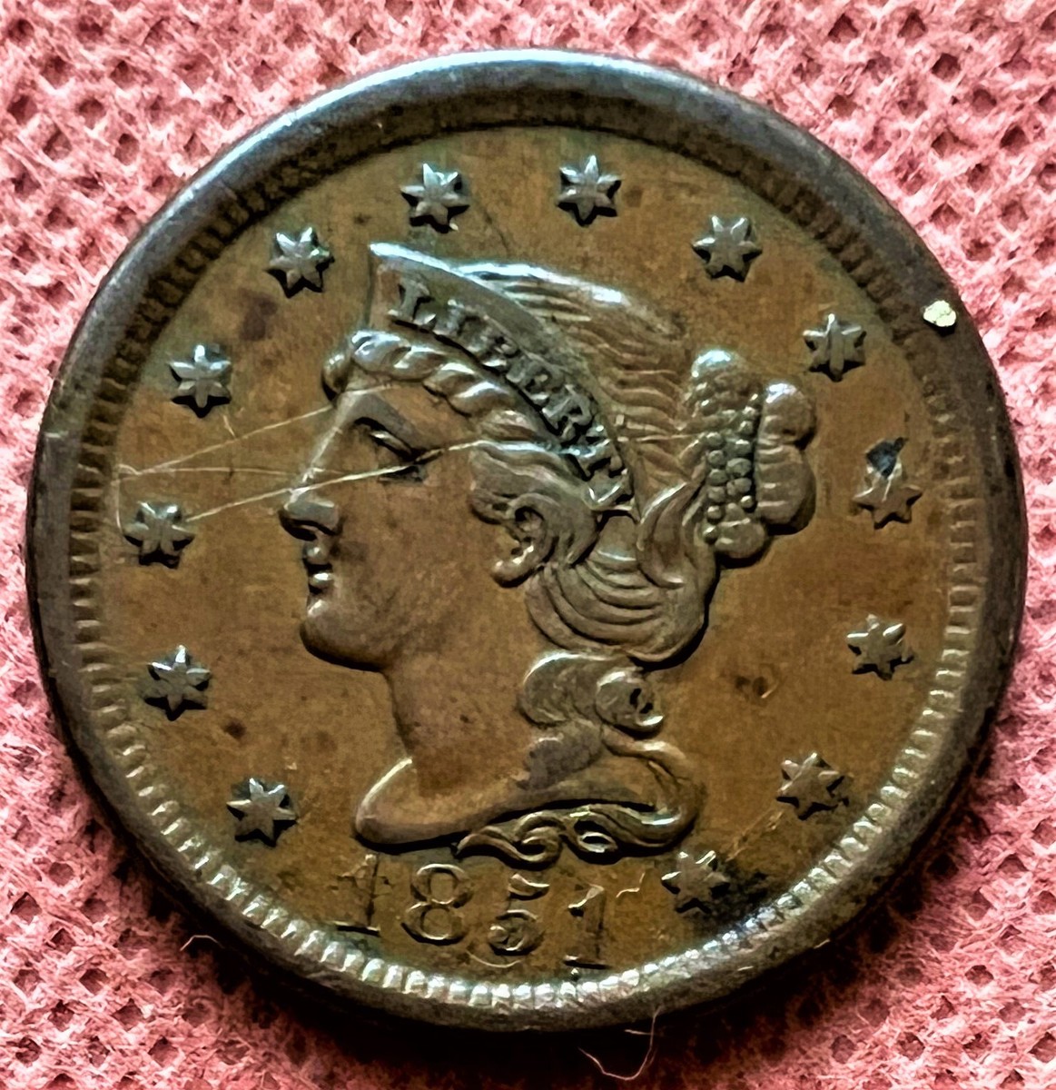 1851 LARGE CENT BRAIDED HAIR LIBERTY HEAD, EXCELLENT EYE