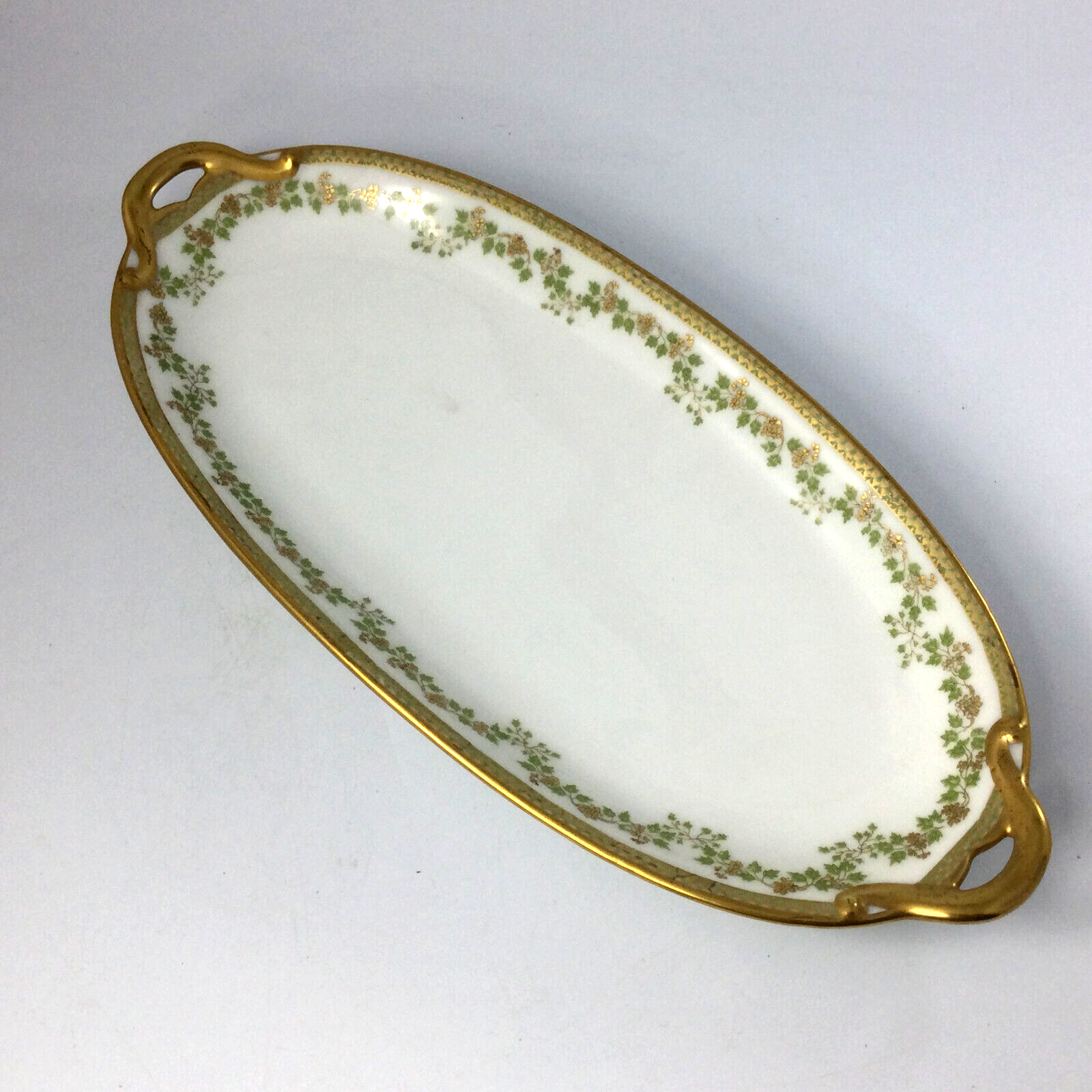 Limoges Oval Porcelain Dish Serving Plate with Handles Floral White Green Gold