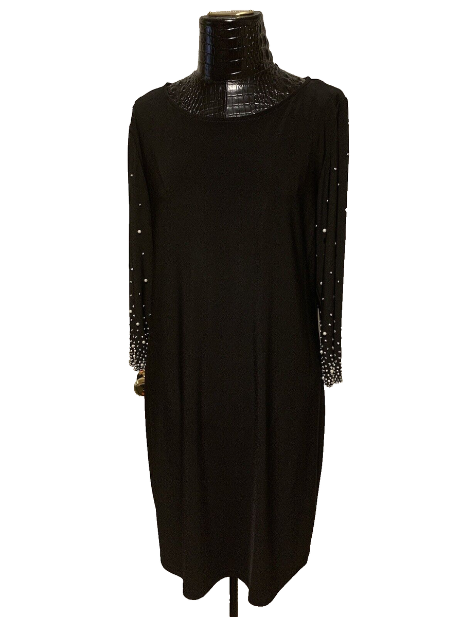 Women's Black MSK 3/4 Sleeve Dress with Pearl and Crystal Sleeve Details in Sz L Women's Black MSK 3/4 Sleeve Dress with Pearl and Crystal Sleeve Details in Sz L