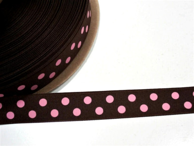 Brown with Pink Polka Dot Grosgrain Ribbon 7/8'' x 10 yards Schiff Polyester B32