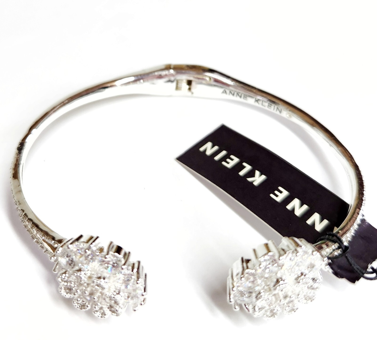 Anne Klein Cubic Zirconia Crystal Hinged Cuff Bracelet Silvertone Plated NWT