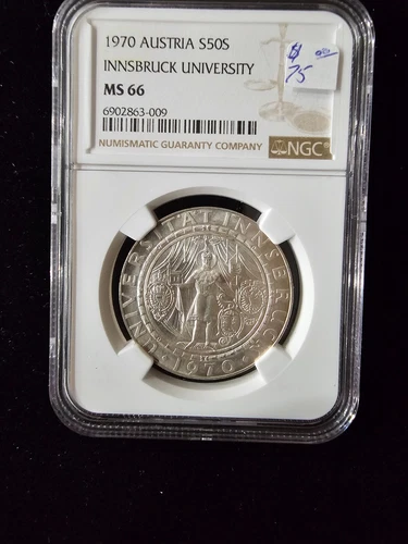 1970 AUSTRIA Innsbruck University Silver 50 Schilling Coin NGC MS66