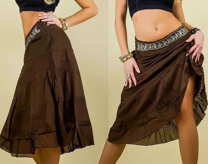 Women's Summer Retro Tiered Skirt Sequins Beads Used Look 34 36 38 40 Brown