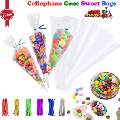 BOLSAS DULCES CONO CELOFÁN TRANSPARENTE DULCES CUMPLEAÑOS NIÑOS FIESTA REGALO GOLOSINAS