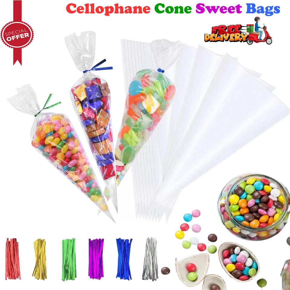 CELLOPHANE TRASPARENTE CONO SACCHETTI DOLCI CARAMELLE COMPLEANNO BAMBINO FESTA BOMBONIERA REGALO DOLCETTI