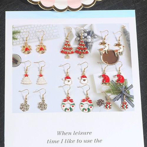 Mix 9 Pairs Santa Claus Elk Christmas Tree Hat Wreath Snowflakes Dangle Earrings - Picture 2 of 5