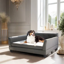 Oversized Elevated Dog Sofa Bed Rivet Microfiber Leather Calming Dog Couch Bed