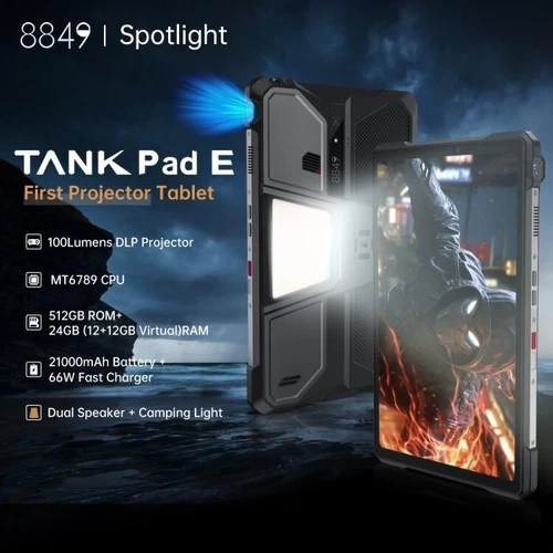 Unihertz 8849 Tank Pad E Rugged Android Tablet with Projector, 12GB RAM + 512GB.