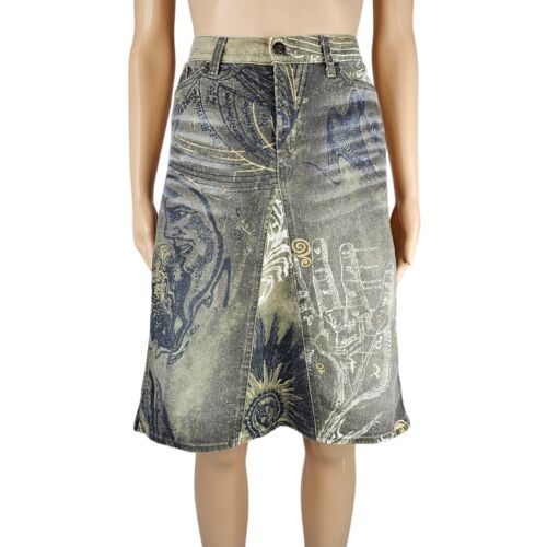 Just Cavalli Womens Green Astrology Print Denim A-Line Skirt Size 42