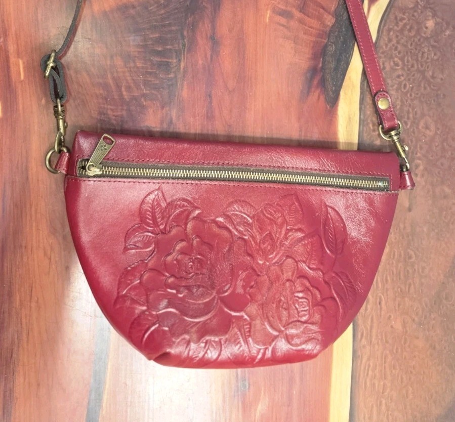 Patricia Nash Tinchi Tooled Leather Convertible Crossbody Sling Belt Bag- Red