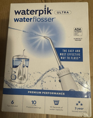 WATERPIK WATER FLOSSER ULTRA 6 TIPS & 10 PRESSURE SETTINGS WHITE WP-100W NEW