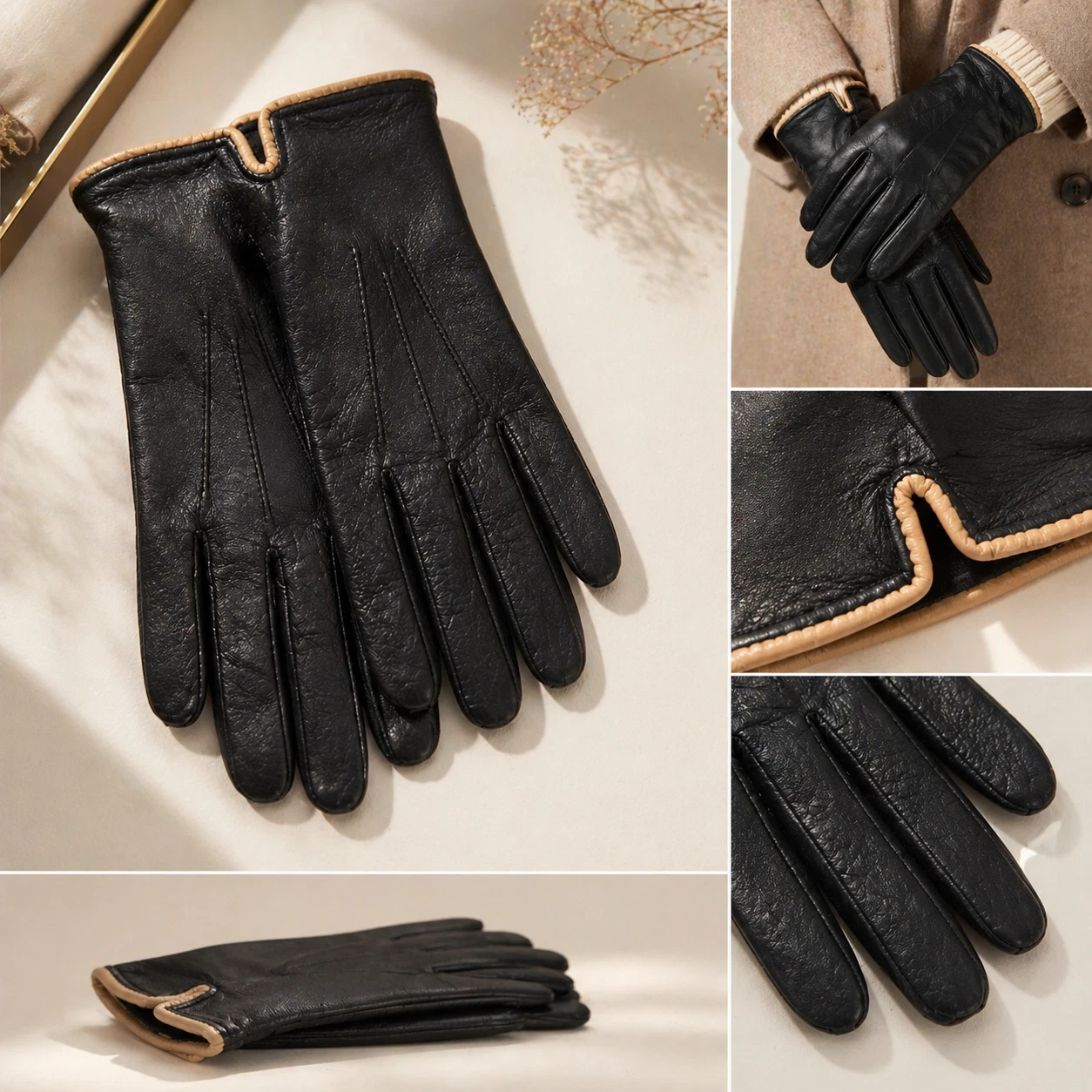 Lauren Ralph Lauren Black Leather Gloves Women Size M Genuine Leather Classic