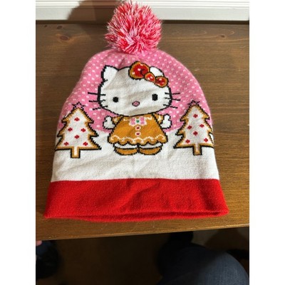 Sanrio Hello Kitty Gingerbread Christmas Beanie Pink Red Holiday Knit Hat Pom