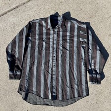 Vintage Wrangler Western Shirt Gray Red Striped Brushpopper Cowboy 17 1/2-35 USA