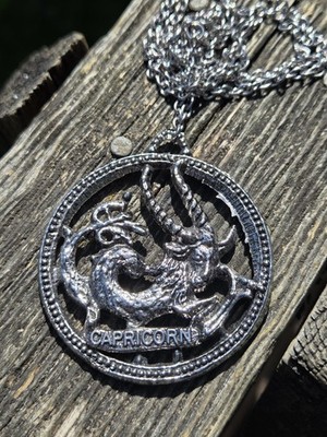 Vintage Capricorn Zodiac Pendant Necklace Silver Tone Chain Medallion Witch Core