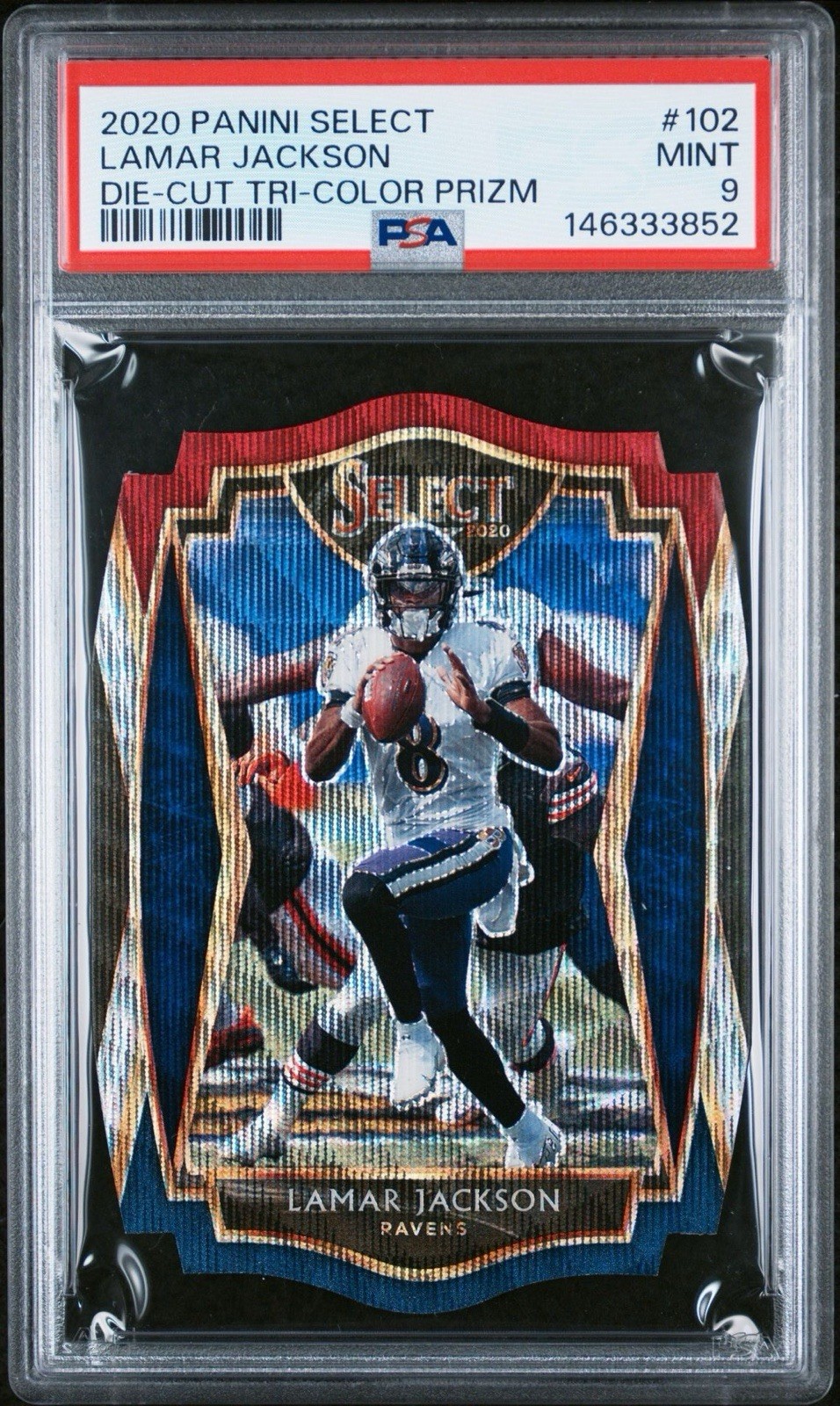 2020 Panini Select - Premier Level Lamar Jackson #102 Tri-Color Prizm Die-Cut