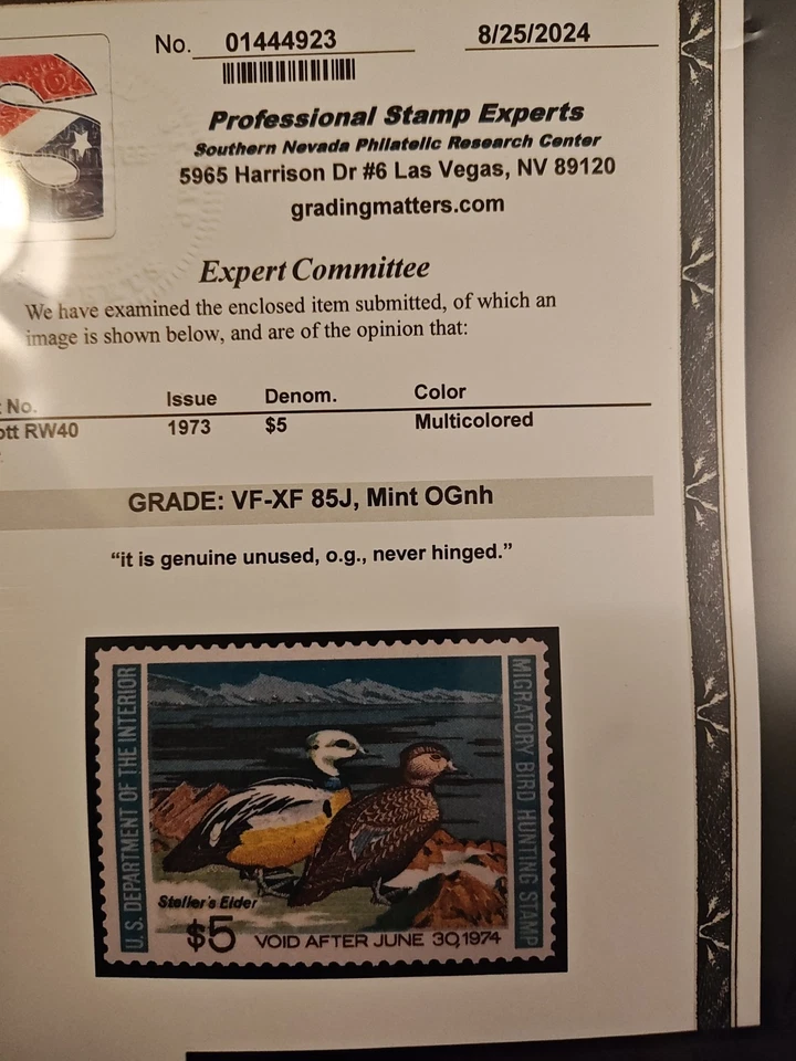Certified - PSE #RW40 - Federal Duck Stamp.  MNH. OG. (VF/XF )   #02 RW40J - Image 4 of 4