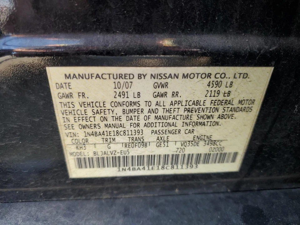 2008 Nissan Maxima Used Passenger Rear Door 4DR SED BLK Local Pickup Only - Image 4 of 4