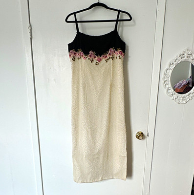 Gina Bacconi Silk Beaded Sequin Floral Midi Dress Black Ivory Pink Green 12