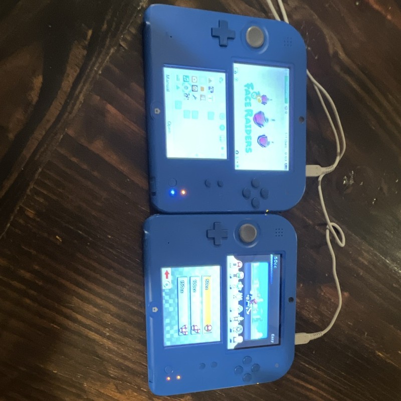Nintendo 2DS Blue Lot of 2 Consoles w/ 6 DS Games + 2 Austor Travel Cases