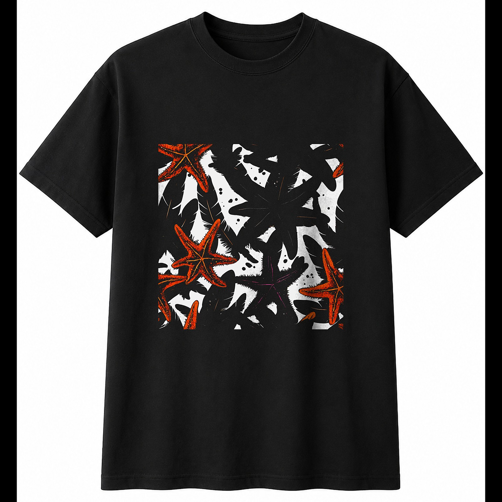 Camiseta Anime Estrella de Mar con Plumas Mar Océano Hombre Negra 100% Algodón Naturaleza