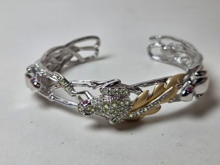 STERLING SILVER CUFF BRACELET FROGS STONES HLMK R 925 CINA 7 IN 1 OZT=NR!