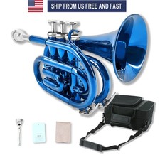 Blue Bb Pocket Trumpet Brass Lacquer Trumpet with 7C Mouthpiece, Hard Case,Strap