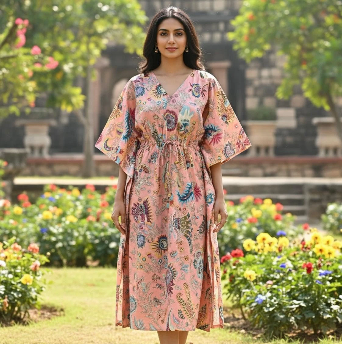 Bohemian Cotton Kaftan Dress | Hand Block Printed Lounge Style