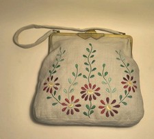 BORSA Vintage FATTA A MANO Lino RICAMO Ricamata SETA Écru FIORI Tessuto