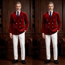Red Velvet Men's Suits Peak Lapel Double Breasted Dinner Party Prom Men Tuxedos