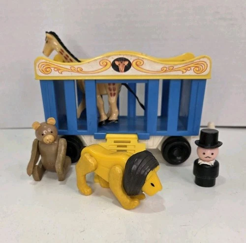 Vintage Fisher Price Circus Train Boxcar Blue Giraffe, Lion, Monky Ring Master