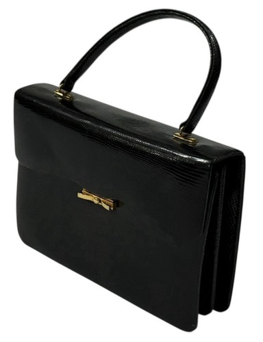 Vintage Modelli Formenti Black Lizard Embossed Kelly Top Handle Bag