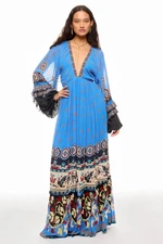 Farm Rio Anika Tiles Cerulean Blue Maxi Dress Long Sleeve V-Neck Size S