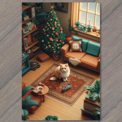 STICKER Festive Cats Christmas Tree Cozy Living Room Holiday Fireplace 8 Bit