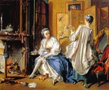 A LADY FASTENING HER GARTER LA TOILETTE 1742 FRENCH PAINTING BY BOUCHER REPRO