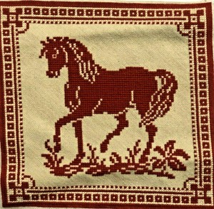 Completed-Needlepoint-Prancing-Horse-Red-Beige-Pillow-Top-Vintage-1970s