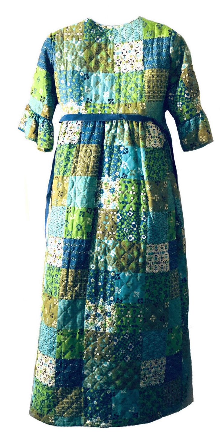 60s Quilted Blue Green Ruffle sleeve long Maxi Pa… - image 3