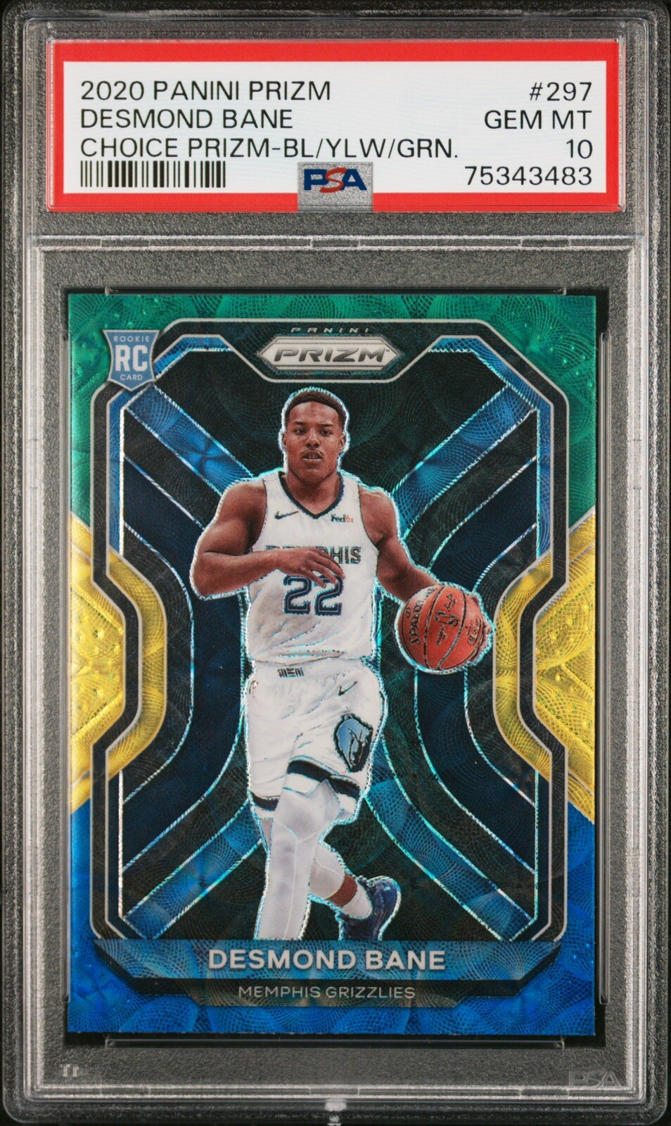 2020-21 Prizm Desmond Bane Choice Prizm Blue Yellow Green #297 RC PSA 10 Pop 6