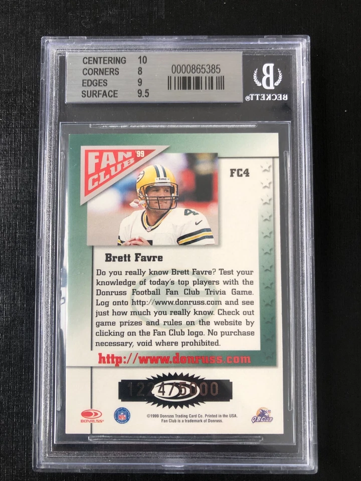 1999 Donruss Brett Favre FAN CLUB GOLD  #FC4 graded BECKETT  8.5 RARE! - Image 2 of 2
