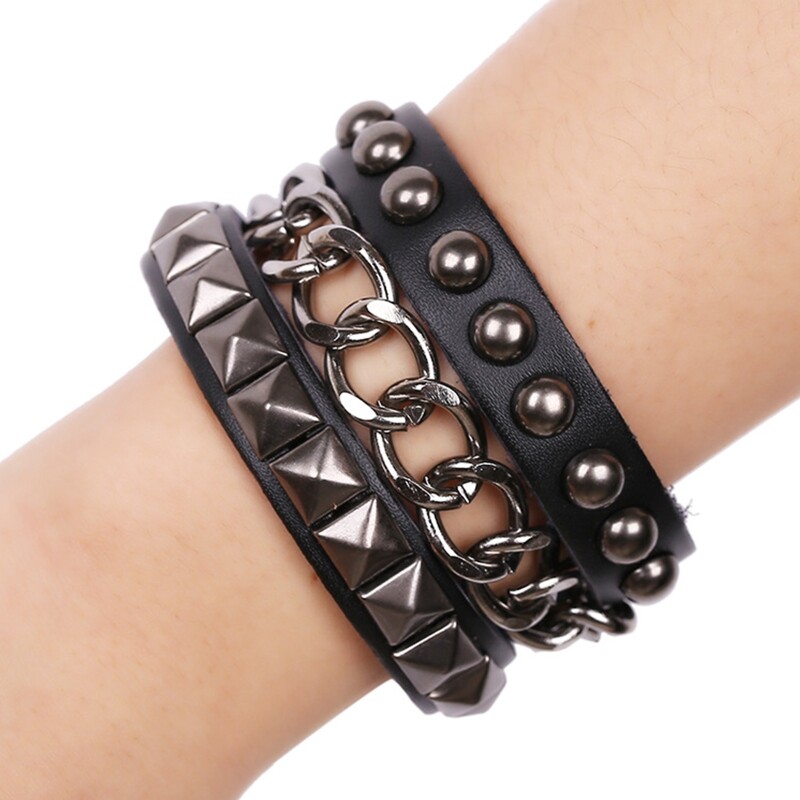Punk Gothic Rock Leather Bracelet with Spikes Rivets Studded Cuff Wrap