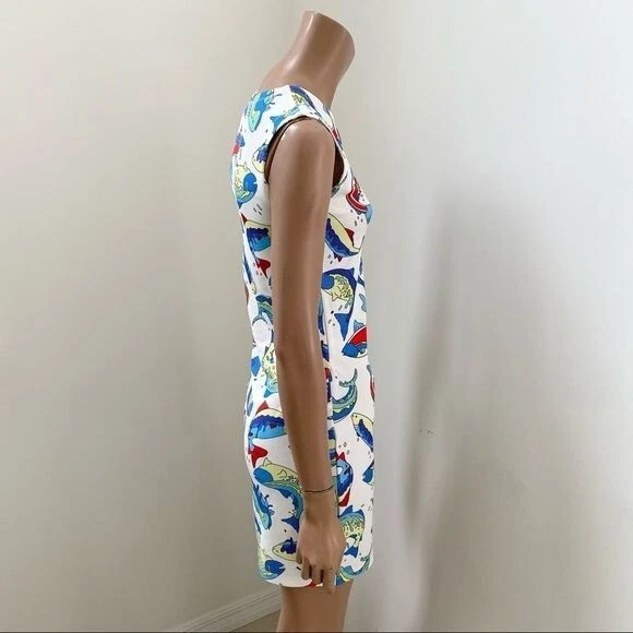 KENZO Paris Mini Abito Crepe Bianco Stampa Pesce S