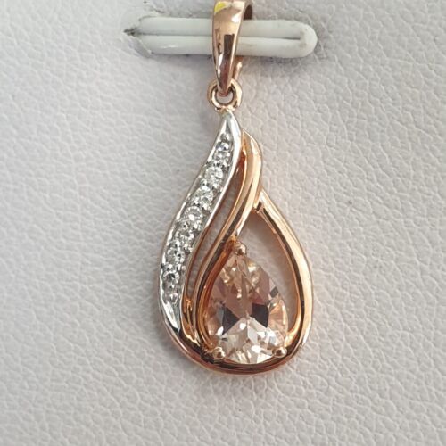 9ct Rose Gold Pear Cut Morganite and 6 Diamond Pendant *VIDEO* As New Condition - Picture 2 of 23
